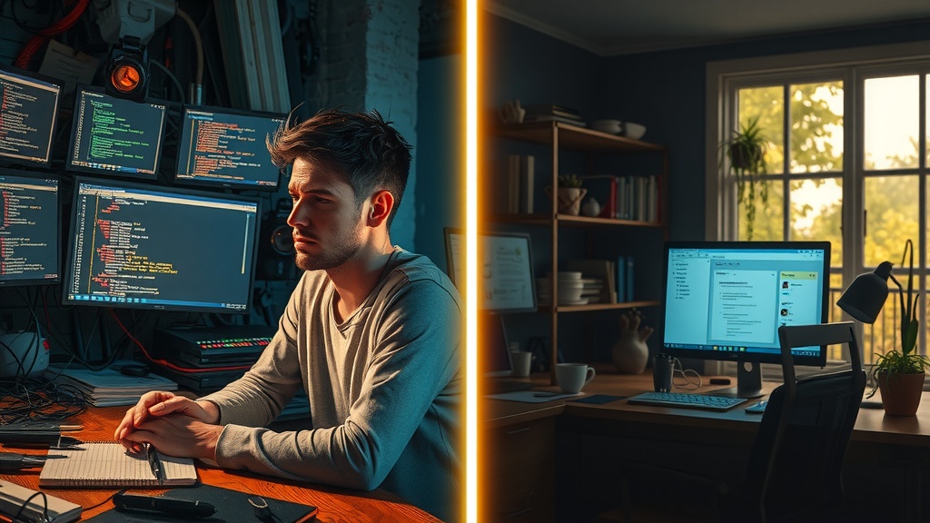Highly detailed vertical split-screen image powerfully contrasting deep internal transformation Left side before a stressed young IT professional at night surrounded by multiple glowing screens showing error messages and complex code overload cluttered workspace with cables, notebooks, coffee cups scattered dark muted blues browns and grays harsh side lighting casting sharp shadows on exhausted face full of frustration and overwhelm chaotic environment symbolizes confusion and digital overload Right side after the same person transformed bright daylight streaming through large window relaxed and smiling calmly working on a sleek laptop with a clean Make.com dashboard visible on screen natural warm golden hues soft pastel greens and yellows comfortable modern home office organized and peaceful surrounded by plants and cozy decor radiating tranquility inspiration and control visible expressions of joy and confidence clear visual boundary split by a sharp vertical glowing light divide separating the chaotic dark left from the serene bright right no text or symbols realistic ultra detailed facial expressions body language and environment