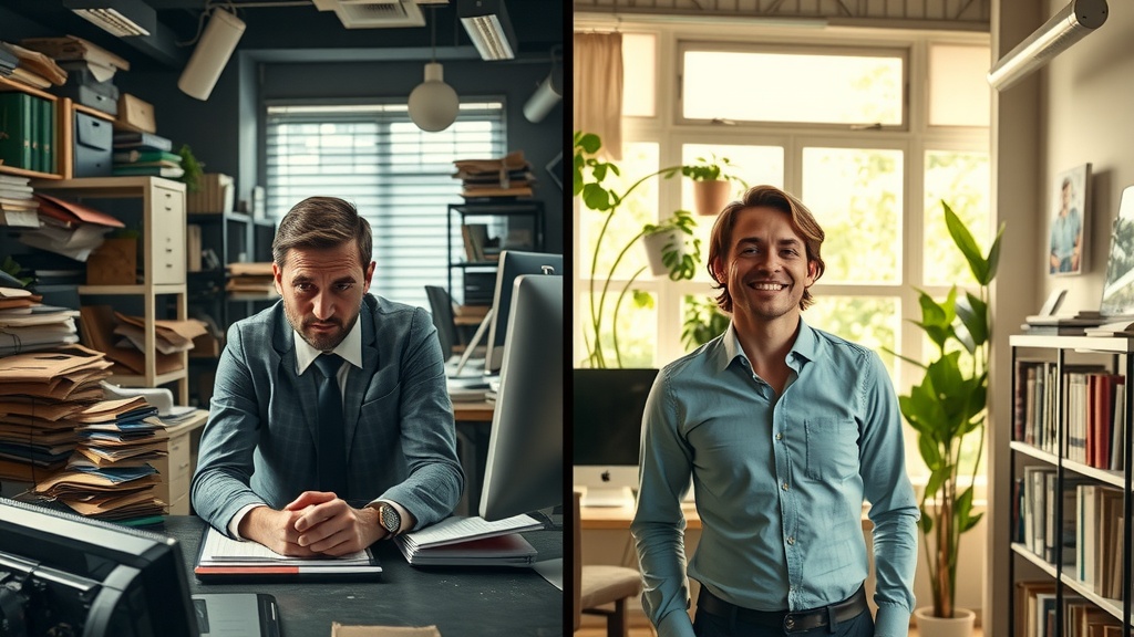 highly detailed vertical split-screen image vivid contrast left side showing a stressed businessperson in a cluttered dim office with dirty gray brown and blue tones harsh side lighting overwhelmed by chaos multiple screens and paper orders scattered depicting frustration and anxiety visual elements including tired facial expression slouched posture and chaotic technical overload right side same businessperson now calm and joyful in a bright spacious modern workspace with warm golden green pastel colors natural soft diffused sunlight surrounded by organized shelves plants and happy family moments or serene nature outside large windows relaxed smile upright confident posture illustrating effortless synchronization and automation peaceful harmony clear screens showing smooth data flow strong clear visual divide between two worlds symbolizing transformation and relief no text no symbols no numbers
