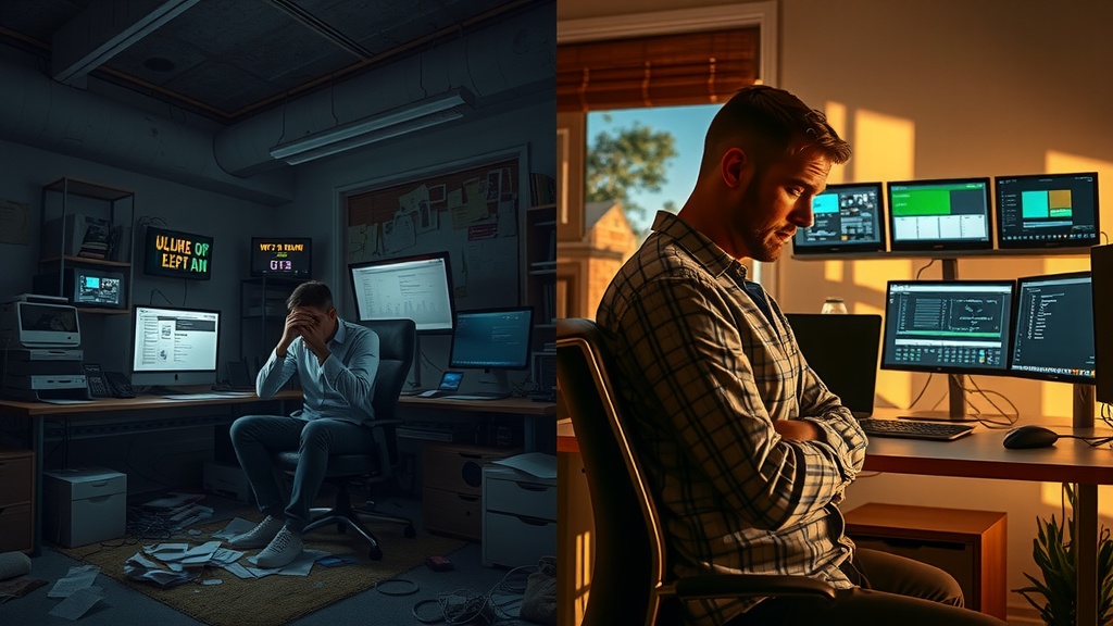 Vertical split-screen image illustrating a business owner's emotional transformation Left side depicts a stressed individual in a dimly lit cluttered office overwhelmed by digital chaos with multiple screens showing alerts and anomalies in cold, muted gray brown and blue tones harsh side lighting emphasizing tension fatigue and frustration The scene includes scattered papers tangled cables and a sense of isolation Right side portrays the same person relaxed confident and energized in a warm sunlit modern workspace surrounded by organized technology symbolizing digital immunity with screens displaying calm automated alerts and green status indicators The environment is neat with natural elements and soft warm golden light highlighting serenity freedom and empowerment Visual separation between sides created by a sharp contrast in lighting and color palette with a visible dividing line representing the boundary between chaos and control The characters posture shifts from slouched to upright with facial expressions changing from anxiety to calm focus no text or symbols included