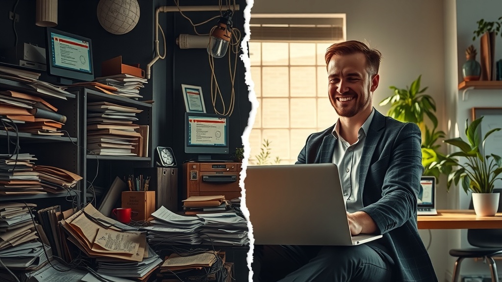 Highly detailed vertical split-screen image vivid contrast Left side depicting a business owner in a dim, cluttered office overwhelmed by piles of disorganized paperwork and tangled cables harsh side lighting casting deep shadows on stressed, frustrated face weary eyes tightly shut conveying anxiety and confusion surrounding environment chaotic with scattered documents old computer screens flickering with error messages and offline signs colors muted dirty greys dull browns and cold blues Right side shows the same business owner in a bright, airy workspace sitting relaxed and focused in natural soft diffuse daylight wearing neat casual attire smiling warmly with open eyes clear confident expression well-organized desk with neat stacks of documents a sleek laptop displaying an intuitive automation software dashboard sunlight spilling over vibrant green potted plants and warm wooden textures conveying peace freedom and clarity vivid pastel tones warm golds and fresh greens strong visual divide sharp crack line splitting the image representing transformation from turmoil to harmony the character remains in the same seated posture emphasizing inner change and business process clarity no text symbols or numbers in the image