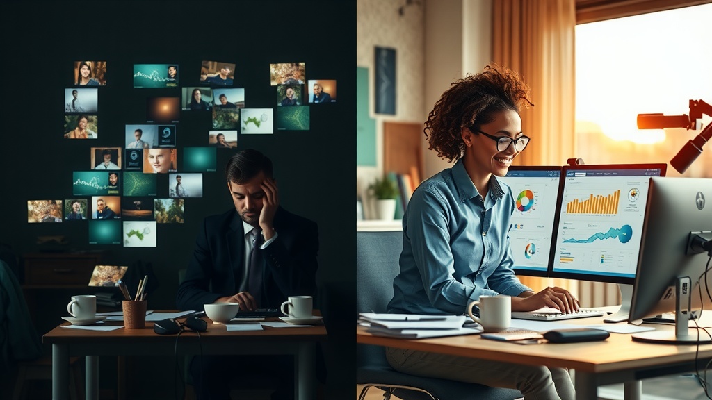 Vertical split-screen image showing deep emotional transformation Left side a stressed business professional in a dimly lit cluttered office overwhelmed by chaotic screens showing fragmented data notifications cold muted gray brown and blue tones harsh side lighting evoking anxiety exhaustion and frustration cluttered desk with papers coffee cups and tangled cables Right side the same person serene and inspired sitting in a bright airy workspace bathed in natural warm golden sunlight with organized dual monitors displaying clean analytics dashboards and team collaboration tools soft pastel greens and warm beige colors conveying calm clarity and productivity relaxed posture gentle smile surrounded by orderly plants and personal items clear visual separation between the two halves representing contrast between chaos and harmony no text symbols or numbers perfect for showing transformation through effective use of Makecom analytics