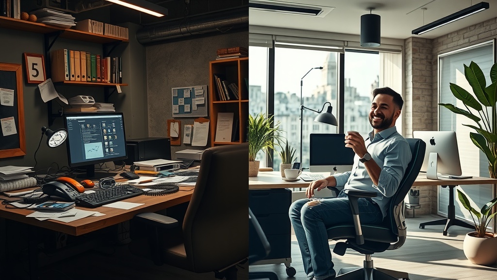 Highly detailed vertical split-screen image showing a business professional before and after automating business processes Left side shows the same person sitting overwhelmed and exhausted at a cluttered desk filled with scattered papers tangled cables multiple ringing phones and a messy computer screen displaying numerous chaotic notifications The environment is dark with dirty gray brown and muted blue tones harsh side lighting casting deep shadows conveying frustration anxiety and burnout The person exhibits tense posture furrowed brows and tired eyes Right side depicts the same person now relaxed and joyful seated in a bright modern office bathed in soft natural sunlight warm golden and pastel green colors creating an atmosphere of peace and inspiration The workspace is organized with sleek technology and plants around The person smiles gently leans back in an ergonomic chair holding a cup of coffee and looking confident and energized There is a vivid sharp visual dividing line between the two halves symbolizing transformation from chaos to order no text or symbols included