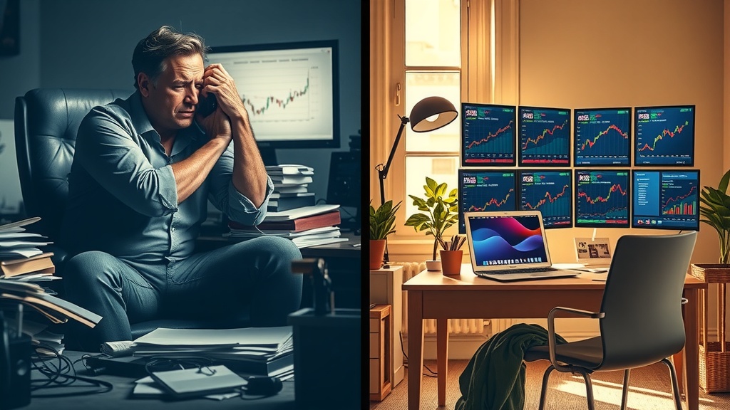 vertical split-screen image showing powerful internal transformation of an investor before and after automating portfolio management left side depicts a stressed man in his 40s with disheveled hair and wrinkled clothes sitting hunched over a cluttered desk filled with stacks of paper, multiple monitors displaying confusing stock charts with red downward trends, a ringing phone, and scattered notes the room is dimly lit with sharp, cold blue and gray tones casting harsh shadows emphasizing anxiety, overwhelm, and frustration his face shows fatigue, irritation, and hopelessness the background is chaotic with wires, gadgets, and piles of documents symbolizing disorder and digital overload right side shows the same man now calm and focused sitting upright in a bright, airy home office bathed in warm golden sunlight with organized workspace featuring a sleek laptop screen displaying clean, colorful dashboards of automated stock monitoring, clear performance reports, and positive growth charts he appears relaxed, smiling softly, confident and inspired dressed in neat casual attire surrounded by green plants and minimalistic decor conveying harmony and balance a clear visual vertical boundary between the two halves contrasts cold darkness and clutter on the left with warm light and order on the right capturing deep emotional and professional renewal without text symbols or numbers