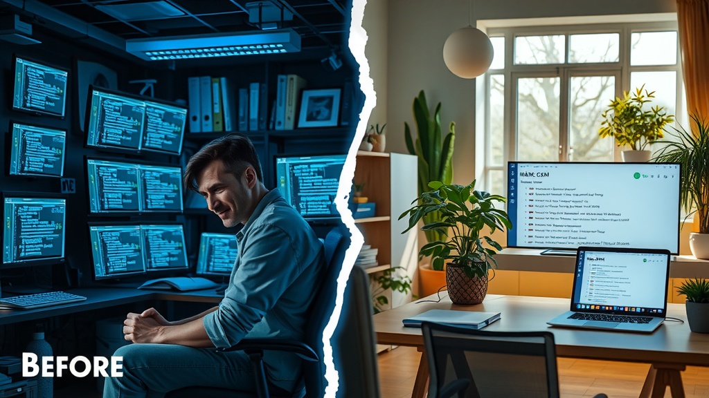 vertical split-screen image contrasting before and after transformation left side shows a stressed software developer sitting alone in a dark, cluttered office filled with multiple screens displaying complicated API error messages and unread notifications the lighting is harsh and cold blue with heavy shadows the atmosphere is tense and chaotic conveying frustration exhaustion and overwhelm the developer has disheveled hair and a furrowed brow right side shows the same developer calm and confident working in a bright, airy home office bathed in warm natural light wearing comfortable casual clothes smiling and relaxed the surrounding is neat with green plants and a laptop displaying a clean Make.com API dashboard listing available countries languages and timezones a visual break like a glowing crack separates the two halves symbolizing the shift from complexity and stress to clarity and automation the image focuses on detailed facial expressions body posture and contrasting environments emphasizing emotional relief and empowerment without any text symbols or numbers