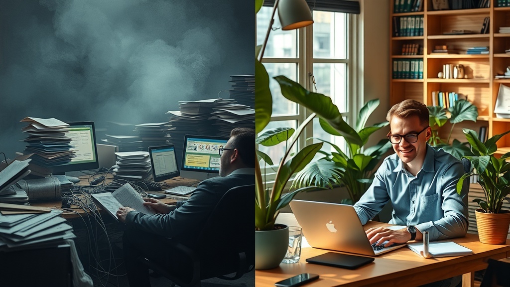 vertical split-screen image left side a stressed HR manager in a dimly lit cluttered office overwhelmed by piles of paperwork, tangled cables, multiple glowing screens showing complex user roles and notifications the atmosphere cold dark and chaotic with dirty gray and blue tones harsh sideways lighting casting deep shadows the manager looks exhausted frustrated and anxious slumped in chair right side the same HR manager relaxed and confident in a bright organized modern workspace surrounded by green plants and natural wood elements glowing warmly under soft diffused sunlight smiling while effortlessly managing user roles on a sleek laptop with Make.com interface open joyful calm and empowered the colors are warm golden pastel and natural greens the space is neat inviting and peaceful a clear visual division between the two sides a sharp contrast between darkness and light chaos and order despair and harmony no text or symbols present