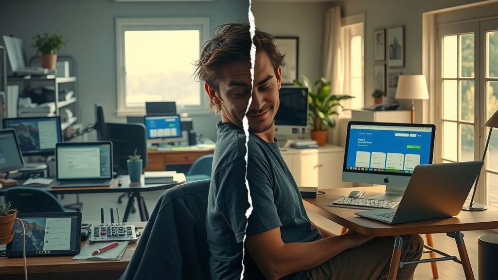 Highly detailed vertical split-screen image showcasing deep internal transformation Left side depicts a stressed, frustrated individual in a dimly lit chaotic workspace with cluttered desk overloaded with digital devices showing error notifications and RateLimit alerts the person appears exhausted and anxious with furrowed brows and tense posture surrounded by dull gray blue and brown tones sharp sideways lighting casting harsh shadows evoking feelings of burnout and overwhelm Right side shows the same person now calm relaxed and confident sitting comfortably in a bright inviting room with soft natural sunlight streaming through large windows wearing casual clean clothes smiling gently while interacting harmoniously with a sleek laptop displaying Make.com dashboard symbolizing control and efficiency warm golden green pastel colors fill the space surrounded by elements expressing order and balance like plants and minimalistic decor A distinct visual crack divides the two halves emphasizing the contrast between chaos and serenity without any text symbols or numbers the person retains the same position and identity but transformed emotionally physically and environmentally