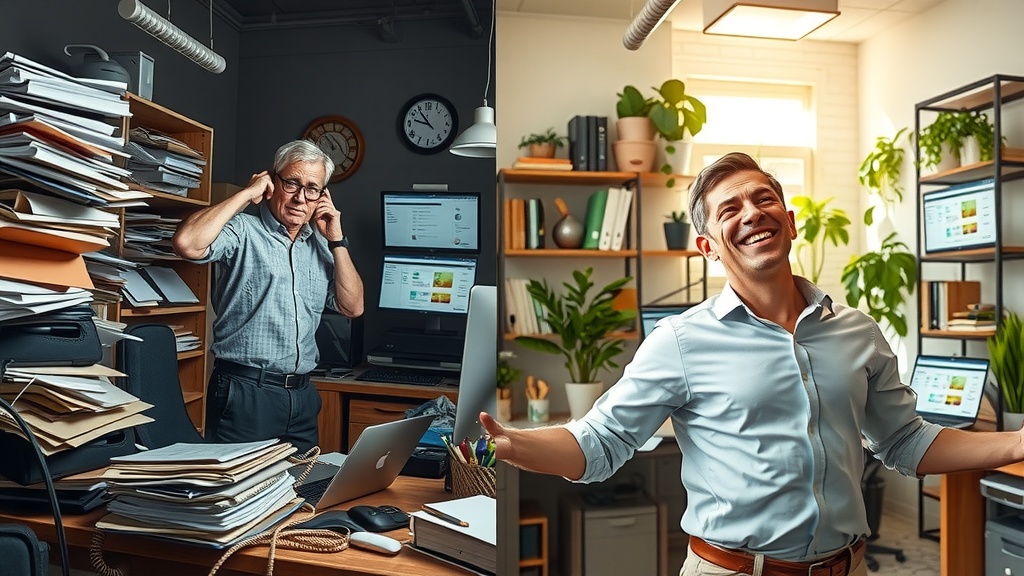 vertical split image showing a small business owner before and after transformation left side depicts a stressed middle-aged person overwhelmed by chaos in a cluttered office filled with piles of papers tangled cords ringing phones and multiple screens showing confusing notifications dim cold lighting with gray and brown tones expression full of frustration exhaustion and anxiety right side shows the same person relaxed and joyful in a bright spacious workspace bathed in warm natural sunlight surrounded by organized shelves green plants and digital devices displaying streamlined automation dashboards smiling confidently with open posture natural pastel colors the clear dividing line between the two halves emphasizes transformation contrast of harsh shadows and cold colors versus soft light and warm tones no text symbols or numbers included dramatic detailed realistic style