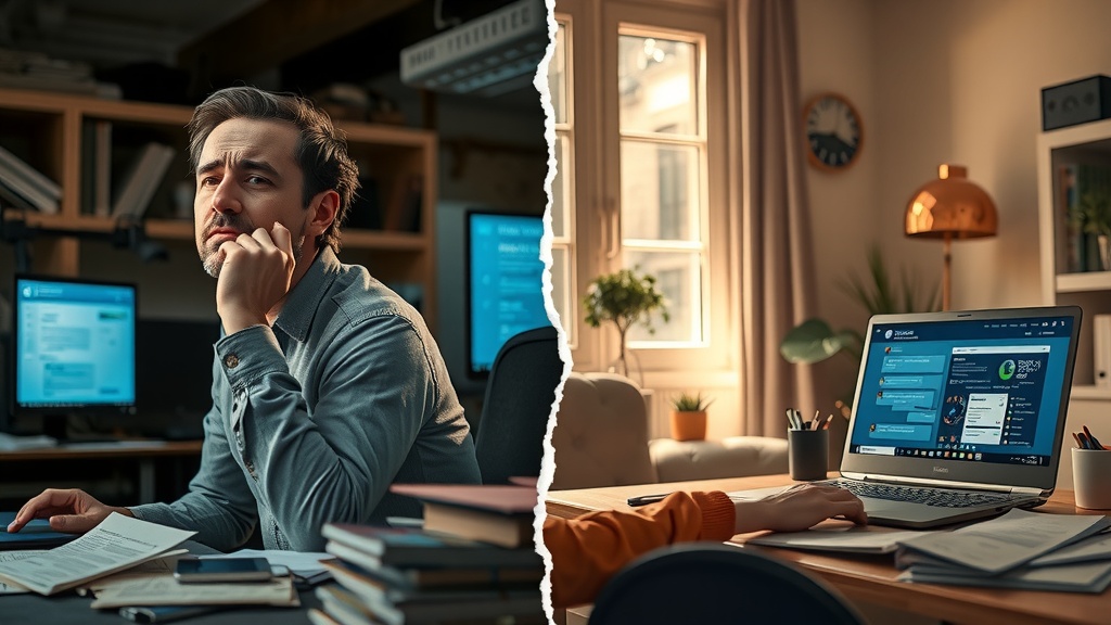 High resolution vertical split screen image showing the same entrepreneur in two contrasting states Left side depicts a stressed man in his early 30s sitting in a dark cluttered home office with multiple screens glowing cold blue light his face tired with mess of paperwork scattered around blinking notifications from social media and customer chats exhibiting frustration and overwhelm harsh shadows and dull muted colors like gray brown and blue emphasize anxiety and burnout Right side reveals the same man relaxed and confident in a bright modern workspace bathed in warm natural sunlight soft golden tones and pastel hues Surroundings are neat with a laptop displaying an automated chatbot dashboard inspired by Make.com cheerful expressions calm body language and presence of family or soothing nature in background to symbolize ease efficiency and happiness between two scenes a visible sharp crack with contrasting light and color divides the image highlighting the deep transformation from chaos to harmony