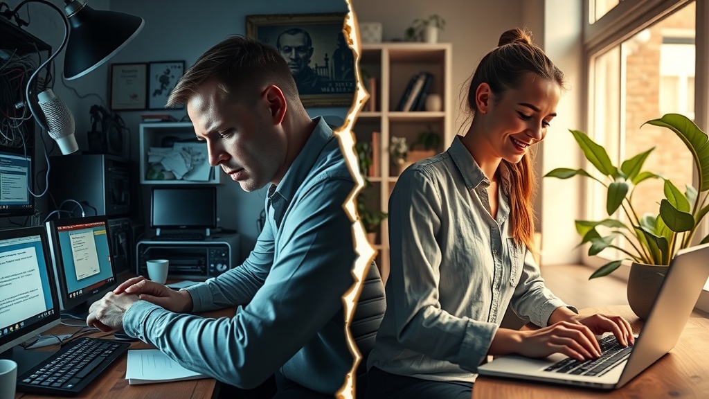 ultra detailed split screen vertical image left side shows stressed overwhelmed entrepreneur struggling with chatbot setup surrounded by messy cables outdated computer monitors flashing error messages chaotic notes and coffee cups dim harsh side lighting cold desaturated blue gray and brown tones expression filled with frustration exhaustion and anxiety cramped cluttered office environment right side shows same entrepreneur confidently relaxed smiling engaging happily with customers through sleek modern laptop in bright airy home office filled with plants soft natural golden light warm pastel colors green and beige calm inspiring atmosphere showcasing automated chat responses interface on screen transparent glowing chat bubbles symbolizing smooth communication visibly seamless integration of chatgpt and make.com tools the clear visual divide between left and right halves is marked by a glowing vertical crack symbolizing transformation and breakthrough no text no symbols no numbers realistic cinematic lighting face details focused pose and environment contrast