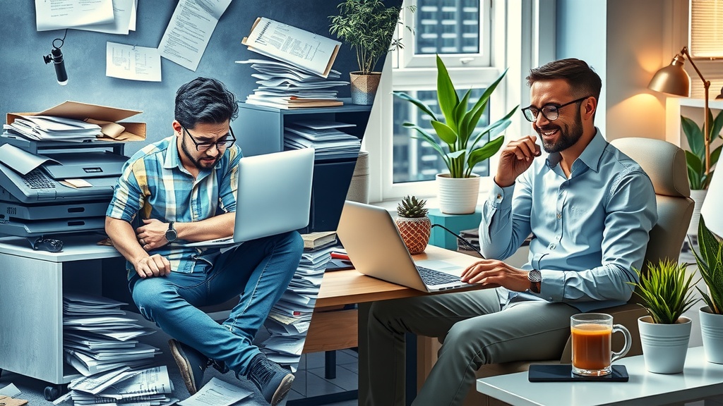 Highly detailed vertical split-screen image showing deep transformation in business automation Left side shows a stressed entrepreneur overwhelmed with chaotic paperwork messy desk multiple ringing phones spilled coffee cold blue and gray tones dim harsh side lighting expression full of despair frustration and exhaustion cluttered background filled with disorganized files and malfunctioning devices evoking anxiety and burnout Right side depicts the same entrepreneur relaxed and confident sitting in a bright airy modern office warmly lit by natural sunlight warm gold and green tones soft diffused light smiling peacefully working efficiently on a sleek laptop with an organized digital dashboard visible vibrant plants and neat workspace in the background symbolizing order and harmony clear visual boundary between two contrasting worlds emphasizing transformation no text no symbols no numbers realistic emotional facial details and consistent posture across both halves