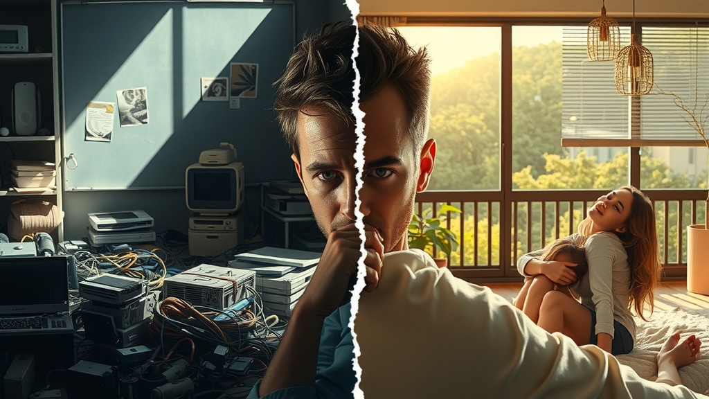 Vertical split-screen image showing significant internal transformation Left side depicts a stressed individual overwhelmed by chaotic technology scattered in a dimly lit cluttered room with dirty gray brown and muted blue colors harsh side lighting casting deep shadows The person appears exhausted frustrated worn out with a tense posture and furrowed brows symbolizing despair and urgency Right side features the same individual now serene and rejuvenated bathed in warm natural sunlight in a tidy peaceful space surrounded by nature and loved ones vibrant golden green and pastel tones define this half Soft diffused light enhances feelings of freedom joy and calm with relaxed body language and a gentle smile The distinct visual divide appears as a sharp crack of light and darkness representing the breakthrough from chaos to harmony Emotions highlighted include burnout anxiety and confinement on the left contrasted with inspiration peace energy and balance on the right The scene illustrates how automation liberates from haste to embrace a philosophy of freedom and improved quality of life