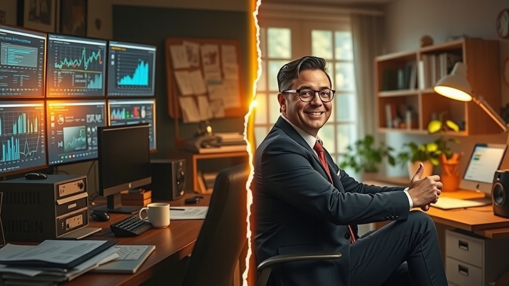 vertical split-screen image vibrant contrast left side a stressed professional struggling with chaotic data on multiple screens displaying overwhelming raw unfiltered data messy desk scattered papers and devices dim cold bluish lighting expressing frustration anxiety and confusion cluttered dark office environment right side the same professional relaxed and confident smiling using a sleek clean interface of makecom datastore filtering data effortlessly surrounded by warm golden natural light cozy bright workspace with green plants and calm atmosphere the visual boundary between the two halves a sharp crack of light separating chaos from harmony the figure unchanged in position but transformed in expression posture and environment rich emotional detail and color transition from muted cold tones to warm pastel hues no text symbols or numbers in the image