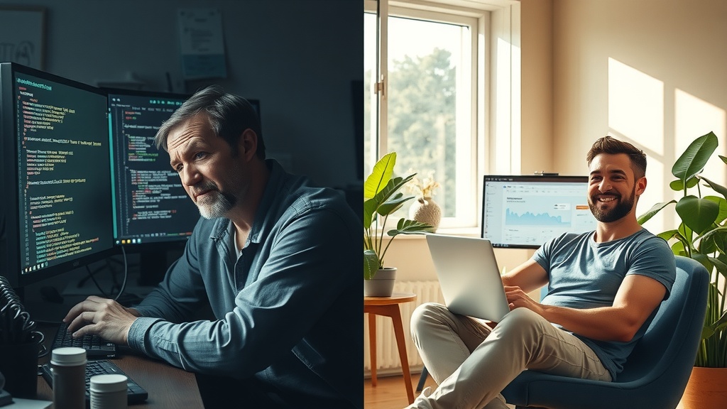 a vertical split-screen showing a person struggling with managing custom applications in Make.com via API on the left side with a stressed expression surrounded by chaotic screens displaying complex code snippets, error messages, and cluttered desk with tangled cables in dirty grey and blue tones with harsh side lighting evoking frustration and overwhelm the right side shows the same person now calm and confident using SDK apps for smooth integration and automation sitting relaxed in a bright, warm room filled with green plants and natural light smiling while interacting with a clear, well-organized Make.com dashboard on a sleek laptop with pastel and golden hues and soft diffuse lighting the visual divide marked by a sharp contrast of shadow and sunlight the character remains in the same position but their facial expression and posture show transformation from anxiety to empowerment no text symbols or numbers realistic detailed features and environment conveying emotional and technical transition from chaos to harmony