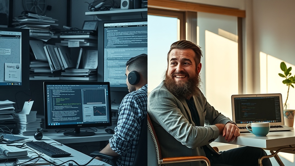 Vertically split highly detailed image showing deep internal transformation of a professional software developer struggling with managing custom applications on Make.com Left side depicts a stressed and overwhelmed individual sitting at a cluttered desk filled with multiple screens showing complicated code and confusing API documentation Cold dirty gray and blue tones with low saturation harsh side lighting highlighting frustration and exhaustion cluttered chaotic workspace with tangled cables unfinished coffee cups and stacks of notes portraying despair anxiety and burnout Right side shows the same individual in the same seated pose now relaxed confident and smiling in a bright airy modern office warmed by natural soft sunlight Gentle pastel and golden green hues symbolize relief and inspiration the desk is organized with a single laptop displaying Make.com API integration dashboard Nearby is a small plant and a cup of herbal tea representing harmony and clarity The atmosphere exudes freedom joy and energetic calm defined by clean minimalist surroundings with a visible distinct vertical dividing line with contrasting light shadow and color between both halves no text symbols or numbers in image