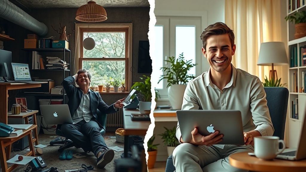 photorealistic vertical split-screen image showcasing deep transformation left side a stressed marketing professional in a dark cluttered home office overwhelmed by ringing phones scattered notes and open laptop with chaotic Calltouch and Make.com interfaces colors dirty grays browns and blues harsh top and side lighting shadows heavy emotions fatigue frustration and anxiety right side the same person relaxed and joyful sitting in a bright airy room bathed in warm natural sunlight dressed casually smiling confidently interacting with a streamlined Make.com dashboard and Calltouch call tracking analytics displayed on a sleek laptop surrounded by plants and family photos the atmosphere peaceful organized and inspiring colors warm golds greens and pastels soft diffused light clear visual divide between the two halves a sharp contrasting boundary like a crack dividing chaos and calm ensuring the character remains centered in the same pose but with transformed facial expressions body language and environment no text symbols or digits realistic details on face posture and surroundings