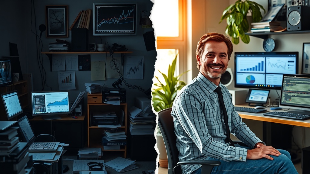 split vertical image showing deep transformation of a business professional left side a stressed man in his early 40s sitting in a cluttered dark office filled with papers charts and multiple glowing screens showing complex game theory graphs his face shows frustration anxiety and exhaustion dim harsh side lighting emphasizing gray blue and black tones chaotic environment with wires and clutter right side the same man now relaxed and confident in a bright modern workspace bathed in warm natural sunlight surrounded by greenery and organized digital devices displaying smooth automation dashboards he smiles peacefully wears casual elegant clothes the environment is ordered cozy and inspiring soft diffused golden and pastel colors clear visual crack dividing two worlds emotional contrast of despair versus empowerment no text no symbols no numbers