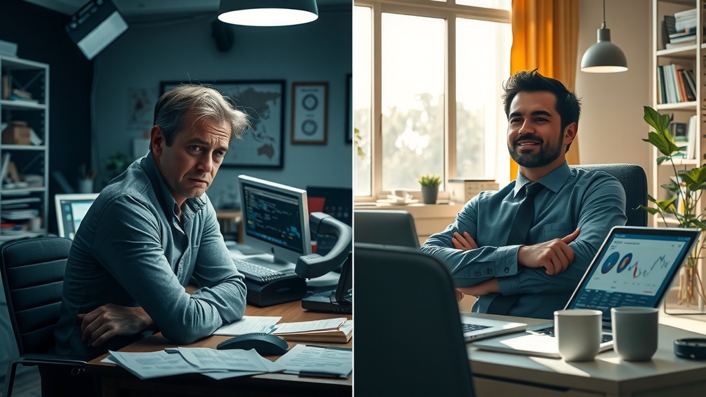 Highly detailed vertical split-screen image showing deep internal transformation Left side before automation A stressed middle aged business professional with disheveled hair and tired eyes sits at a cluttered desk covered with scattered papers and complex game theory diagrams Full of anxiety and frustration the dimly lit office has cold gray and blue tones harsh shadows from a single overhead light emphasize exhaustion and mental overwhelm The background is chaotic with overflowing folders a ringing phone and multiple device screens flashing urgent notifications conveying competitive pressure and risk Left character posture is tense slouched shoulders face etched with worry Right side after automation The same business professional now relaxed confident and composed in a bright modern office bathed in warm sunlight with soft natural light filtering through large windows The color palette includes warm golden yellows soft greens and pastel hues creating a calm and inspiring atmosphere The desk is neat with a laptop showing an elegant dashboard illustrating optimized game theory solutions and automated decision making The person smiles gently focused in a relaxed upright posture surrounded by peaceful nature visible through the window and harmonious office decor symbolizing clarity control and strategic success A clear sharp vertical division visually separates the heavy tense left scene and the light uplifting right side the same character is in identical seating position but transformed in expression posture lighting and environment representing profound positive change from chaos and stress to balance and empowerment No text symbols or numbers in image Focus on emotional contrast lighting color and environment details conveying inner journey from pressure and risk to harmony and optimal decision making