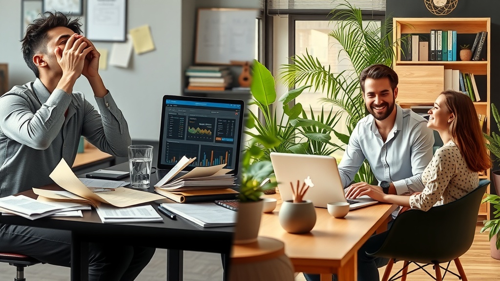 highly detailed vertical split-screen illustration vibrant contrast left side stressed overwhelmed business owner sitting at cluttered desk with papers charts and a laptop displaying complex game theory strategies cold muted grays blues and browns dim sharp side lighting harsh shadows chaotic office environment showing frustration fatigue and anxiety right side same business owner relaxed confident smiling in bright modern workspace surrounded by greenery natural light soft warm golden hues tidy desk with laptop showing automated decision-making dashboard enjoying peaceful moment with family members warm cozy atmosphere clear visual dividing line between these two contrasting halves emphasizing transformation from struggle to empowered clarity no text symbols or numbers realistic facial expressions posture and environment rich texture and lighting cinematic style