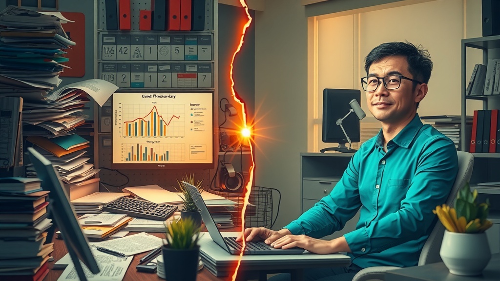 Vertical split-screen illustration showing a businessperson embodying the deep internal transformation inspired by game theory and automation Left side depicts the person overwhelmed and stressed in a dimly lit cluttered office with grey blue and black tones cluttered desk filled with papers charts and a chaotic computer screen displaying complex graphs with scattered notes evoking anxiety and pressure The figure looks frustrated exhausted and tense hunched over their desk under harsh cold side lighting conveying burnout and decisional paralysis Right side reveals the same businessperson now confident relaxed and inspired sitting upright in a bright modern office bathed in warm golden natural light surrounded by greenery and neat organized workspace The computer screen displays a clear automated system optimizing decisions with positive graphs and smooth interface The expression is peaceful and focused embodying clarity and empowerment with soft pastel and green tones The stark visual boundary between sides features a cracked glowing line symbolizing transition from disorder to strategic harmony No text symbols or numbers present Detailed facial expressions contrasting despair and hope emphasize the transformative power of automation and game theory in competitive business environments