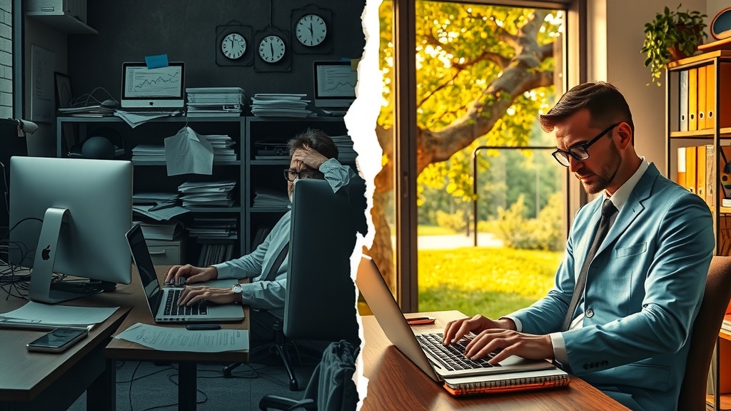 highly detailed vertical split-screen image showing deep internal transformation in a business context left side depicts a stressed corporate professional overwhelmed by competitive pressure sitting slumped at a cluttered desk with multiple open laptops showing complex game theory diagrams and charts muted dirty gray brown and dark blue tones harsh side lighting casting sharp shadows conveying anxiety frustration and exhaustion chaotic office environment filled with scattered papers and tangled cables right side the same professional looking confident relaxed and inspired surrounded by warm golden sunlight wearing smart casual attire working efficiently with a sleek automated dashboard on a single laptop displaying smooth streamlined decision-making tools vibrant green gold and pastel colors soft diffused natural light bright spacious tidy office overlooking lush nature through large windows visible clear boundary between the two halves symbolized by a distinct crack of light dividing chaos from calm no text no symbols