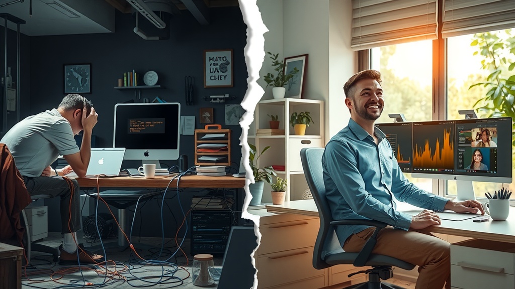 A vertical split-screen highly detailed cinematic illustration showing the deep transformation of a software developer struggling with automation scripting Left side depicts the same man in his late 20s sitting hunched over at a cluttered messy desk filled with tangled cables multiple screens showing error messages and chaotic code with dull gray brown and blue tones dim harsh sideways lighting his expression tired frustrated burned out overwhelmed surrounded by scattered papers and an empty coffee cup the room feeling cold and oppressive conveying anxiety and mental overload Right side shows the same man relaxed confidently smiling in warm natural sunlight soft pastel and golden tones sitting upright in an organized modern workspace with clean minimalist design at the same desk now tidy with green plants and natural wood elements multiple screens displaying smooth flowing automation workflows happy collaborative virtual meeting on one screen vibrant nature visible through large window behind him he enjoys the peace and creative flow embodying calm and inspired emotions with open posture and bright warm ambient light between two halves a sharp distinct vertical crack of light and shadow serves as a visual boundary symbolizing the crossing from chaos to clarity no text symbols or numbers present