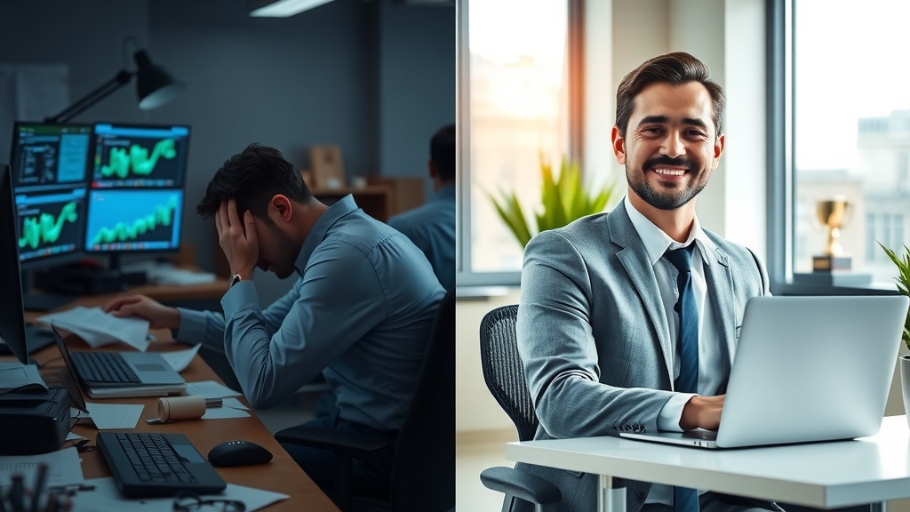 vertical split-screen image showing a businessman before and after embracing game theory automation and AI in business on the left side a stressed man overwhelmed by complex decisions chaotic office with scattered papers multiple screens showing conflicting data dim cold blue and gray colors harsh side lighting conveying anxiety frustration and exhaustion right side the same man calm confident and smiling in a bright modern office with large windows warm natural light golden and green hues organized desk with a sleek laptop displaying AI and automation dashboards relaxed posture clear focused expression surrounded by symbols of success like trophies and flourishing plants a sharp visual division between the two halves highlighting transformation from chaos to clarity and optimal decision-making no text or symbols in the image highly detailed face and environment realistic cinematic lighting