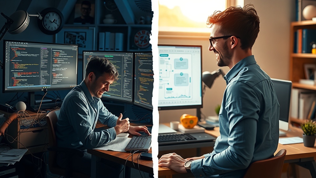 Highly detailed vertical split-screen image showing deep transformation of a software developer. Left side portray a stressed, overwhelmed man in his late 20s sitting at a cluttered desk filled with tangled wires, multiple screens displaying confusing code errors and version conflicts related to Make.com automation scripts. The scene is dimly lit with harsh blue and gray tones, shadows falling sharply, his face showing frustration and exhaustion, slumped posture under strong side lighting emphasizing anxiety and burnout. The background is chaotic with scattered papers, coffee stains, and technical manuals. Right side shows the same man, now calm and confident, working in a bright, sunlit home office with soft natural light and warm golden tones. He smiles relaxedly while closely examining a well-organized blueprint of a specific Make.com scenario version on a clean large monitor, surrounded by tidy desk with green plants and family photos. His posture is upright and engaged, with vibrant energy and inspiration radiating. The visual boundary between the two halves is a clear vertical crack of contrasting light and shadow symbolizing transformation from confusion and stress to clarity and mastery.