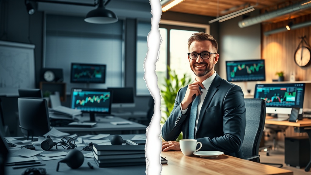 split-screen vertically divided image left side depicting a stressed business executive surrounded by chaotic office environment dim lighting with cold gray and blue tones papers scattered multiple monitors displaying complex game theory graphs and fluctuating market data his face showing frustration anxiety and exhaustion right side the same executive now calm confident and smiling in bright warm natural sunlight sitting in an organized modern office with green plants and wooden textures multiple sleek screens showing automated decision-making dashboards and successful market trends he is interacting with family photo on desk and holding a cup of coffee atmosphere of peace optimism and empowerment clear visual crack dividing the two halves symbolizing transformation from overwhelm to clarity and success no text no symbols no numbers