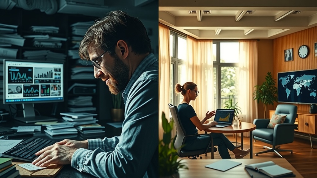 Highly detailed vertical split-screen image showing the same business person facing two contrasting scenarios Left side depicts the individual overwhelmed and stressed in a dimly lit cluttered office with cold gray and blue tones papers scattered gaming theory charts visible on screens frustration and anxiety etched on their face harsh side lighting casting deep shadows conveying pressure confusion and indecision Right side shows the same person calm confident and inspired in a bright open modern workspace with warm golden and green hues natural soft light flooding the room smiling engaged in strategic planning with clear game theory diagrams and pricing models displayed relaxed posture family photos and plants adding warmth clearly mastering competitive decision making visual sharp boundary dividing the two worlds symbolizing transformation from chaos to clarity with consistent pose but evolving expression and surroundings