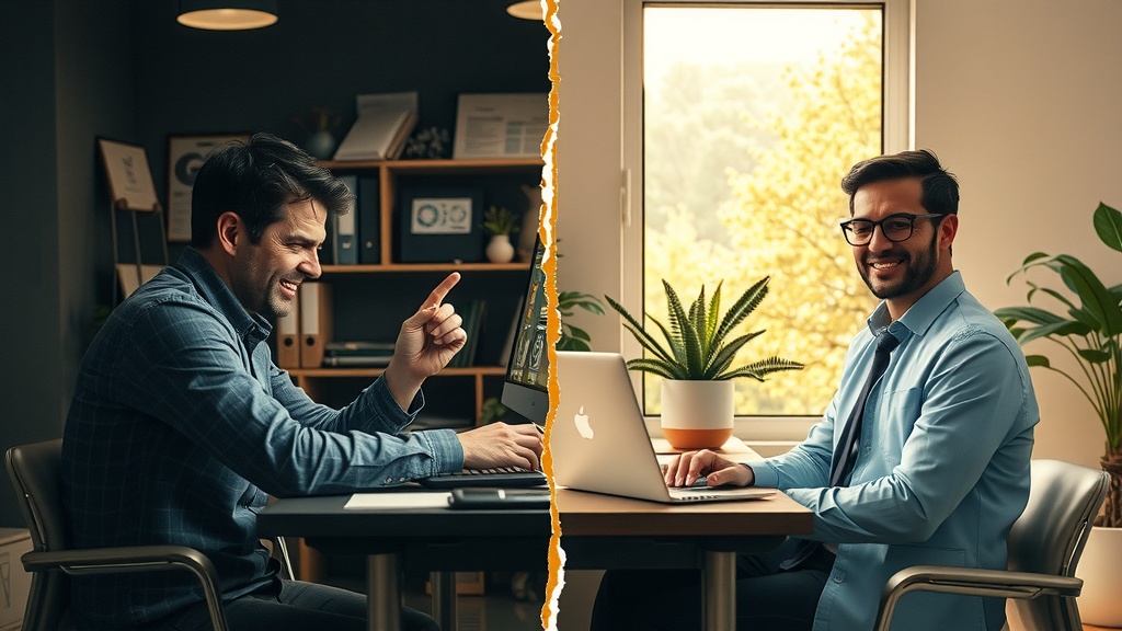 Highly detailed vertical split-screen image illustrating deep internal transformation in a business context Left side a stressed male entrepreneur in his 30s sitting at a cluttered desk in a dimly lit room with dirty gray blue and black tones harsh side lighting casting sharp shadows his face shows despair frustration and anxiety papers scattered around multiple screens glow with chaotic notifications and game theory diagrams complexity and overwhelming pressure visible Right side the same man now calm confident and smiling sitting in a bright airy modern office bathed in warm golden sunlight soft pastel and green colors his posture relaxed he interacts with an automated system on a sleek laptop surrounded by symbolic elements of game theory and automation vibrant plants and open window with peaceful nature outside conveying harmony and efficiency the division between the two halves is marked by a strong visible crack of light and shadow emphasizing the contrast between chaotic struggle and optimized clear decision making no text symbols or numbers included