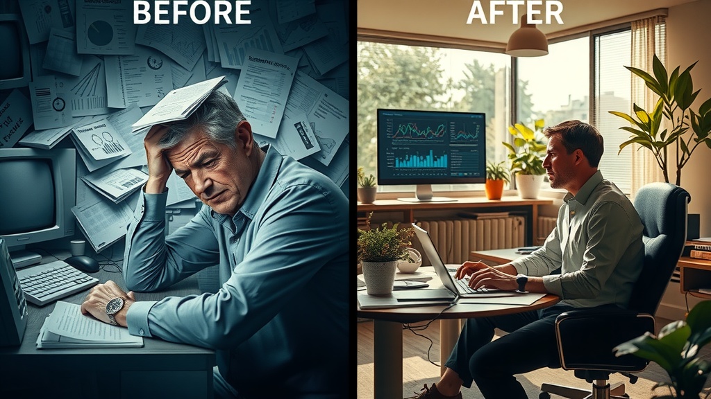 Highly detailed vertical split-screen image illustrating deep inner transformation of a business strategist using game theory. Left side before scene features a stressed middle-aged man overwhelmed by complex business charts, scattered papers, and old computers emitting cold blue and gray tones with harsh side lighting emphasizing anxiety and confusion. The environment is cluttered, chaotic with a feeling of tension and pressure visible in his furrowed brow and slumped posture. Right side after scene shows the same man relaxed and confident in a bright modern office infused with warm golden and green pastel colors, natural sunlight softly illuminating his serene and inspired face, as he interacts with sleek devices displaying automated data analysis and strategic dashboards. The setting is orderly, peaceful with lush plants and family photos creating a nurturing atmosphere, his body language open and energized symbolizing clarity and control. The split is marked by a sharp visual boundary contrasting cold shadow and warm light, old technology and cutting-edge tools, confusion and focused calm without any text or symbols in the image
