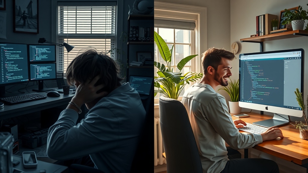 Highly detailed vertical split-screen image showing the internal transformation of a software developer working with Make.com Blueprints Left side depicts the same developer overwhelmed and frustrated sitting in a dark cluttered home office with multiple screens displaying complicated code snippets and error messages dim cold blue and grey tones strong side shadows conveying stress and burnout papers and devices tangled around the desk messy hair and tired facial expression conveying despair and exhaustion Right side shows the same developer now calm and inspired in a bright cozy workspace sunlight floods the room warm golden pastel greens and soft whites the developer smiling relaxed with neat hair using a simple intuitive interface on a large monitor showing Make.com blueprint automation API integrations and version control the environment is organized with plants and natural decorations soft diffused lighting evokes serenity and energy a clear vertical visual divide separates the chaotic blue side from the peaceful warm side while the developer maintains the same sitting posture but exhibits a visible transformation in expression body language and environment no text symbols or numbers in the image