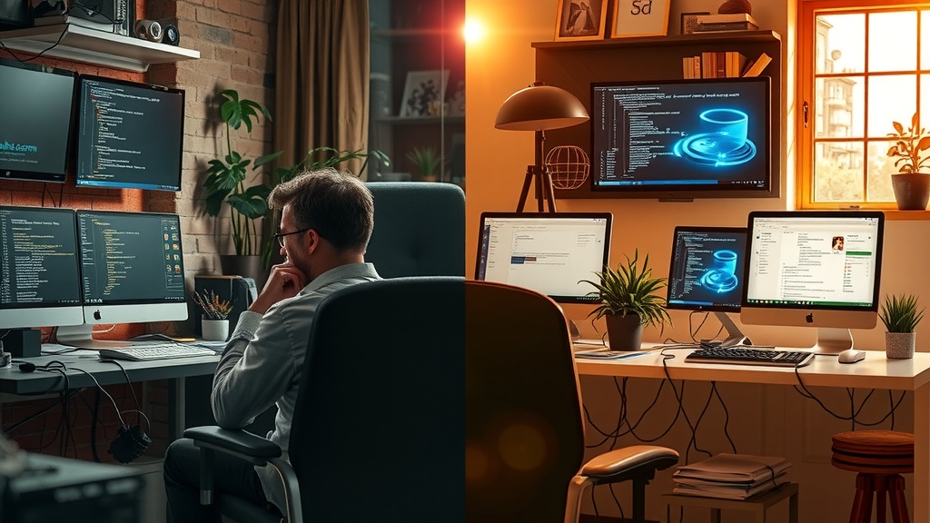 vertical split screen depicting a software developer experiencing deep burnout on the left side sitting slouched at a cluttered desk with multiple screens showing chaotic Make.com automation errors and API code in dirty gray and brown tones under harsh side lighting showing frustration exhaustion and anxiety surrounded by messy cables and dark shadows on the right side the same developer is smiling relaxed and inspired in warm golden natural light in a tidy bright office with plants and family photos the screens now display successful API cloning scripts and team collaboration dashboards in soft pastel greens and yellows radiating peace and productivity a clear visible light and color divide separates the two scenes maintaining the same person and pose with transformed facial expression and surroundings no text symbols or numbers included