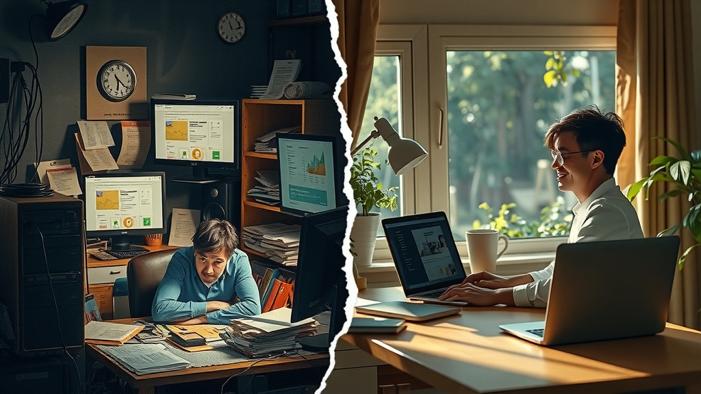 A vertical split-screen image showcasing a person experiencing a deep transformation focused on optimizing workflows on Make.com Left side shows the same person stressed and overwhelmed sitting at a cluttered desk full of tangled cables papers multiple screens with chaotic notifications in a dimly lit room with dirty gray brown and blue tones harsh side lighting casting sharp shadows the person appears frustrated anxious and exhausted slouched posture messy hair and tense hands embodying burnout and confusion Right side shows the same person relaxed and confident in a warm cozy room bathed in soft natural golden light pastel greens and warm tones surrounding them a tidy desk with a single sleek laptop displaying a clean minimalist Make.com interface with custom metadata properties clearly organized the person smiles brightly in a calm open posture enjoying their work efficiently a background window reveals lush nature and soft sunlight There is a sharp visual divide between the two halves like a jagged crack symbolizing the boundary between chaos and mastery no text or symbols present ultra detailed cinematic lighting and textures capturing complex emotions and environment contrast