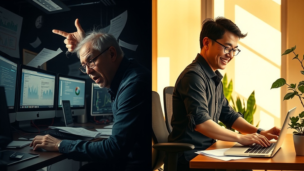 vertical split-screen powerful narrative image on extreme contrast left side shows a frustrated overwhelmed middle-aged professional struggling with complex chaotic data on multiple screens in a dark cluttered office dim cold lighting with messy papers and tangled cables expression of exhaustion anxiety irritation right side same person now calm and joyful working confidently on a sleek modern laptop in bright sunlit minimalist workspace surrounded by green plants and notes neatly organized warm golden ambient light with natural soft shadows expression of inspiration peace and energy clear visible boundary between the two halves emphasizing transformation no text no symbols realistic detailed face body posture and environment focused on data structuring automation and process optimization theme