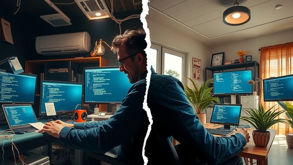 Highly detailed vertical split-screen image of the same person showing deep internal transformation Left side depicts a stressed software developer in a dark cluttered office with multiple screens showing error messages and broken API calls the lighting is harsh and dim with cold gray blue and black tones the person is slumped over with a frustrated and overwhelmed expression surrounded by messy cables scattered notes and a chaotic workspace evoking anxiety exhaustion and chaos Right side shows the same developer now calm and confident sitting upright in a bright airy modern workspace bathed in warm natural light with soft golden green and pastel colors the screens display smooth running automation dashboards surrounded by plants and cozy minimalistic decor the person smiles relaxed focused and inspired the visual border between sides is a sharp crack of contrasting light and shadow illustrating shift from stress to empowerment no text symbols or numbers included