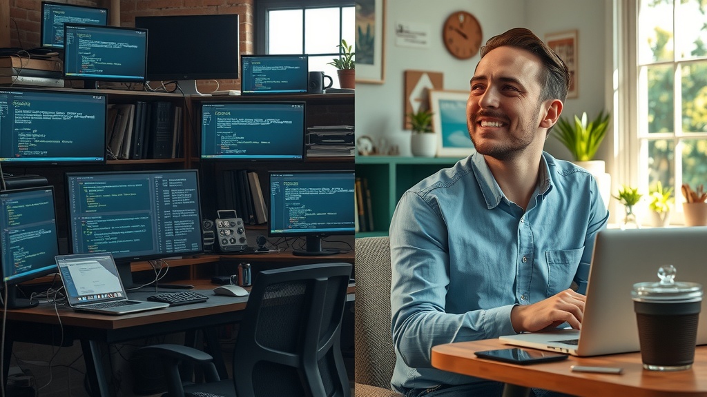 Highly detailed vertical split-screen image shows a single person in two contrasting emotional and visual states Left side depicts a stressed IT professional overwhelmed by complicated API connection issues sitting in a cluttered dark office filled with multiple monitors displaying error messages and disconnected service icons cold muted grays blues and browns dominate harsh side lighting intensifies feelings of frustration anxiety and confusion the person's face is tense with furrowed brows and tired eyes shoulders hunched in defeat amid scattered cables tangled devices and a messy desk conveying chaos and technical overload Right side features the same person now calm confident and inspired working smoothly in a bright airy workspace illuminated by soft natural sunlight warm golden tones pastel greens and gentle blues fill the scene the individual smiles relaxed while effortlessly managing API connections on a sleek laptop showing Make.com interface surrounded by organized tools and plants symbolizing harmony and productivity a window reveals a serene garden outside enhancing the sense of peace and control the clear visual divide between the two halves is marked by a vivid light and color separation forming a sharp boundary representing the transformation from stressful chaos to seamless automation and ease emotions shift from fatigue and irritation to joy freedom and empowerment no text or symbols in the image realistic style cinematic lighting focus on intricate facial expressions environment details and body language illustrating deep internal personal growth and mastery of technology