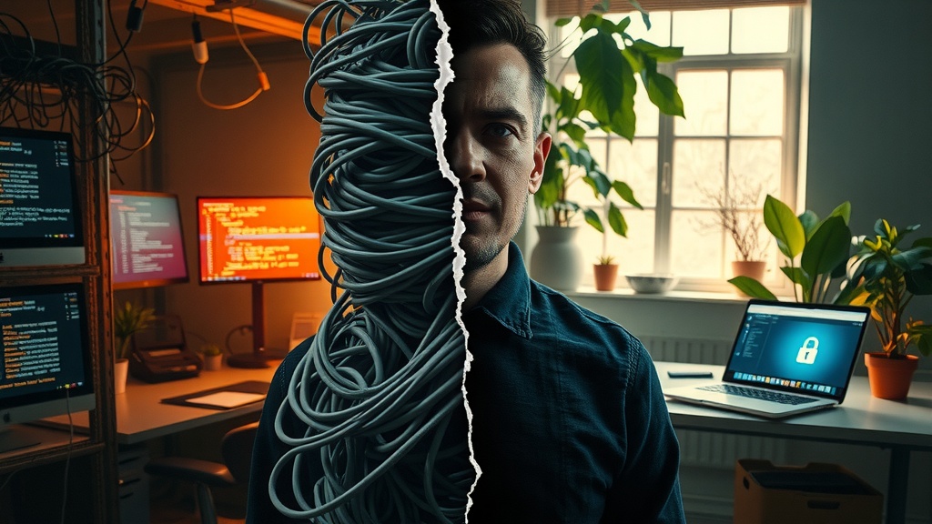 vertical split-screen image depicting a deep internal transformation left side a stressed IT professional in a dark cluttered office overwhelmed by tangled wires and multiple glowing screens showing chaotic code errors and alert notifications facial expression desperate frustrated and exhausted colors muted grays browns blues low saturation harsh side lighting casting sharp shadows atmosphere tense chaotic isolated right side same professional now calm and confident in a bright organized workspace bathed in warm natural light surrounded by green plants and a sleek laptop displaying secure API dashboard with lock icons soft pastel tones golden greens warm whites relaxed happy inspired facial expression gentle smile upright posture environment peaceful harmonious visual division strong color contrast and a visible crack of light separating the two halves no text no symbols no numbers realistic detailed emotional narrative