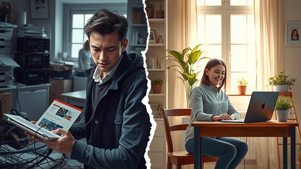 highly detailed vertical split-screen image showing deep transformation left side a stressed young professional in a cluttered dim room with cold muted blues and grays struggling with tangled cables and multiple devices displaying error messages harsh side lighting casting heavy shadows on their weary face body tense expressing frustration and overwhelm the environment chaotic messy papers and blinking red notifications right side the same person now calm and joyful in a bright airy room filled with natural sunlight warm golden and pastel greens soft diffused light illuminating a tidy desk with a laptop displaying a clean Make.com automation dashboard they relax smiling while easily toggling scripts enjoying harmonious integration serene plants and family photos in the background a distinct visual crack sharply divides the two halves emphasizing contrast between digital chaos and smooth automated control no text symbols or numbers realistic portrait detailed facial expressions and posture conveying deep internal renewal and empowerment
