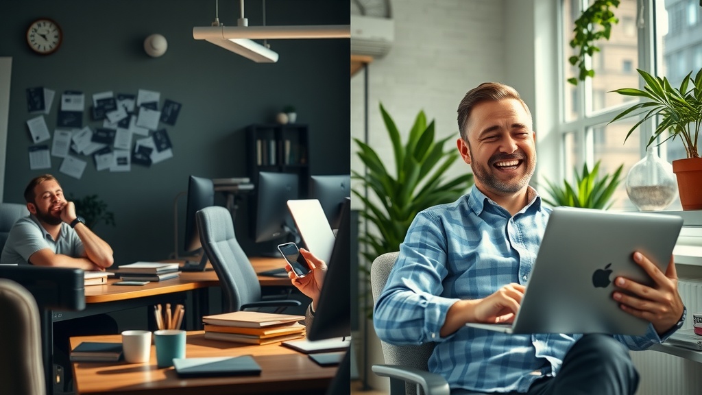 vertical split-screen image vibrant contrast left side depicts a frustrated professional overwhelmed by endless unread emails on multiple devices in a dim cluttered office with cold gray and blue tones sharp side lighting casting harsh shadows expression filled with exhaustion anxiety and irritation right side shows the same individual now relaxed joyful and empowered sitting in a bright sunlit modern workspace surrounded by lush plants and warm pastel colors using Make.com interface on laptop with Mailhook API automation visually organizing and streamlining incoming emails soft natural light illuminates face highlighting calm confidence and satisfaction clear visual divide between the chaotic dark on left and harmonious bright on right emphasizing profound transformation from digital overload to effortless email automation no text symbols or numbers realistic highly detailed emotions facial expressions posture and environment