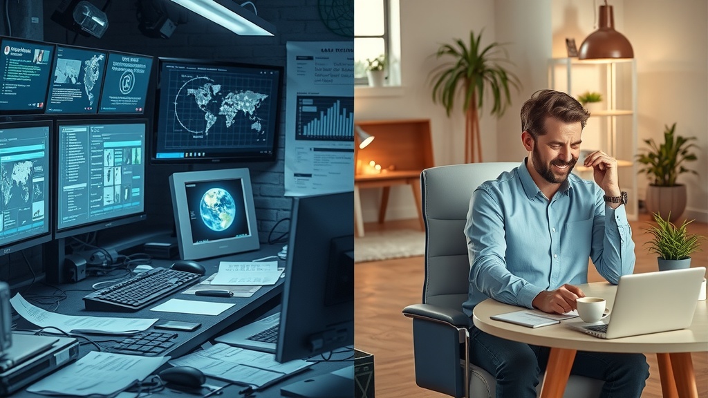 Highly detailed vertical split-screen image showing deep transformation of a small business owner comparing automation tools in 2024 Left side depicts stressed entrepreneur overwhelmed by complex Russian automation platforms Albato and ApiX-Drive cluttered with confusing interfaces and multiple screens glowing cold blue and gray light chaotic desk scattered with papers tangled cables and frustrated expression hinting anxiety exhaustion low saturation colors harsh side lighting conveying pressure and overload Right side shows same entrepreneur relaxed joyful and confident using Make.com in a bright airy modern workspace warm pastel tones golden sunlight natural green plants organized clean desk minimal open laptop screen displaying intuitive Make.com dashboard smiling face calm posture surrounded by family photos and a cup of tea soft diffused light expressing freedom clarity and success A sharp visual vertical split with contrasting lighting and colors divides the two worlds maintaining the same person in identical seating position highlighting emotional and environmental transformation no text symbols or numbers present