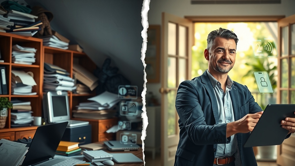 Highly detailed vertical split-screen image showing a powerful transformation of a business owner preparing a digital will Left side depicts a stressed middle-aged professional overwhelmed in a cluttered home office filled with scattered paper documents old laptops and locked filing cabinets in dim cold bluish gray lighting conveying anxiety fatigue and confusion their face is tense with furrowed brows and clenched jaw right side shows the same person calm confident and joyful in a bright sunlit modern workspace with clean digital devices glowing softly warm golden and pastel greens around them illuminated by natural diffuse light their expression relaxed smiling surrounded by symbols of successful digital automation such as transparent holographic interfaces displaying access controls and workflow automation while open doors and lush greenery in the background create a sense of freedom and order a strong vertical crack of light visually divides the chaotic dark stressed environment from the serene organized bright scene emphasizing deep internal transformation no text no symbols no numbers realistic style expressive emotional contrast detailed facial features and body language clear visual boundary between the two halves