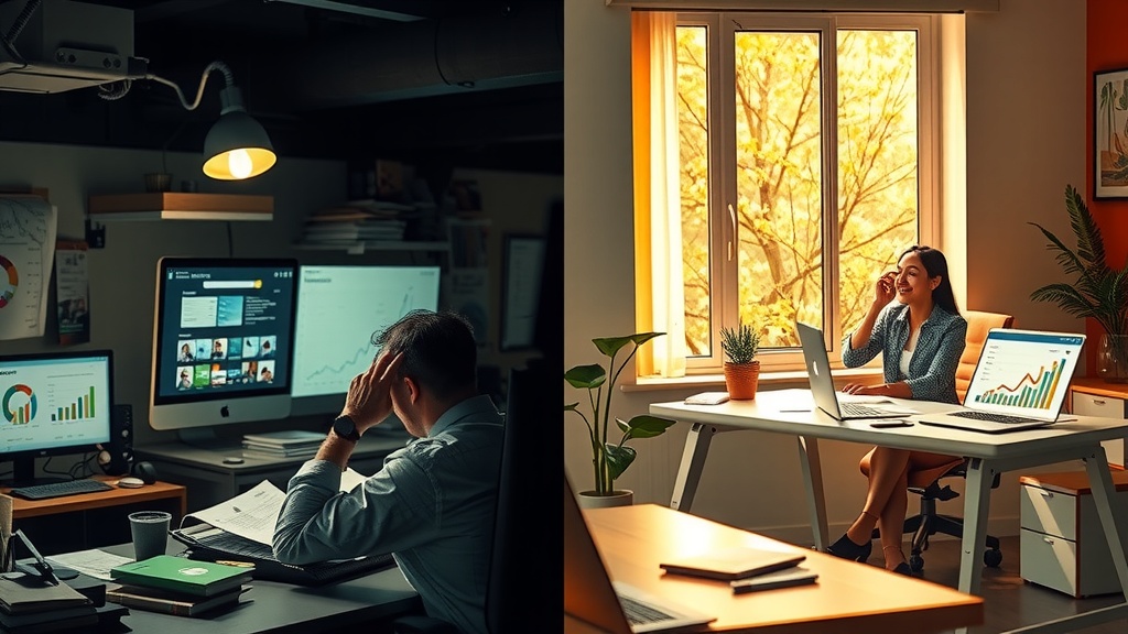 Highly detailed vertical split-screen image showing deep internal transformation of a B2B client onboarding specialist Left side depicts a stressed corporate professional in a dimly lit office cluttered with paperwork, flashing phone notifications and complex sales charts on multiple screens the color palette here is muted greys, browns and blues casting harsh side shadows conveying feelings of despair frustration and burnout the person appears overwhelmed hunched forward rubbing their temples surrounded by chaotic technology and disconnected from team On the right side the same professional looks relaxed confident and inspired bathed in warm natural sunlight golden and pastel greens dominating the calm and organized modern workspace they are smiling as they engage in a video call sharing successful onboarding techniques with happy team members and clients the atmosphere radiates harmony and energy with elements of nature visible through large windows adjacent to a neat desk displaying graphs of sales growth and client success clear visual boundary between the two halves formed by contrasting light and color emphasizing a powerful narrative of transformation from chaos and anxiety to clarity joy and achievement no text symbols or numbers visible pristine visual storytelling