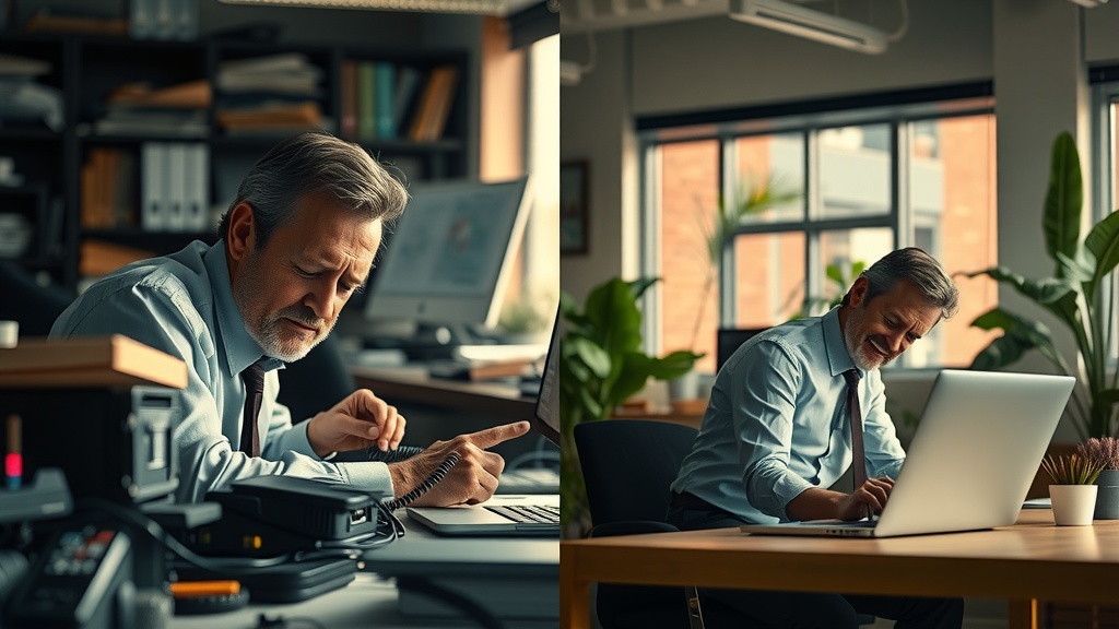 vertical split-screen image showing deep transformation left side a stressed business professional overwhelmed by chaotic cluttered desk with piles of paperwork tangled cables ringing phone and dim cold lighting casting harsh shadows face shows exhaustion frustration anxiety colors muted dirty grays blues and browns background messy office environment evoking pressure and burnout right side same person calm confident and joyful in a bright spacious tidy office surrounded by plants and warm sunlight natural soft lighting accentuating relaxed face smiling with freedom and energy dressed casually working efficiently at a sleek laptop displaying a modern workflow automation screen vibrant greens golds and pastels create harmony and order clear visible line sharply divides two worlds highlighting contrast between despair and empowerment no text or symbols realistic high detail expressive emotion cinematic lighting