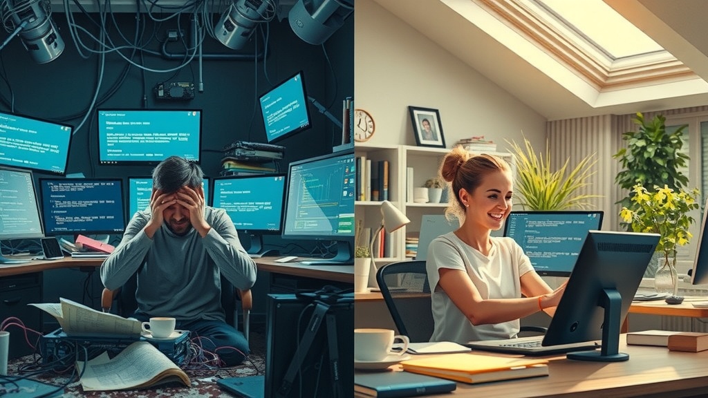 A vertical split screen image showing a person overwhelmed and frustrated on the left side sitting at a cluttered desk surrounded by tangled cables, error messages popping up on multiple screens, dim cold blue and gray lighting casting harsh shadows, the individual with a stressed expression slumped over with tense shoulders conveying exhaustion and anxiety the cluttered environment includes spilled coffee and scattered papers symbolizing chaos On the right side the same person appears calm confident and relaxed in a bright airy room filled with natural sunlight and soft warm hues of gold and green working smoothly with a clean Make.com interface displaying successful error handling automation scenarios the setting includes organized desks plants and family photos the person smiles gently with relaxed posture embodying peace and control a sharp vertical divide visually separating the chaotic left and harmonious right contrasting cold dark tones with warm soft lighting emphasizing the transformative journey from error prone chaos to resilient effective automation with clear facial details and body language highlighting stress relief and empowerment no text or symbols in the image realistic cinematic lighting and detailed environment creating a powerful narrative of overcoming automation failures through effective error handling