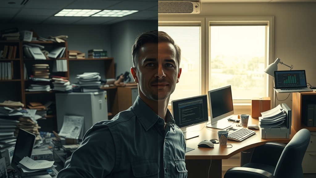 vertical split-screen deeply contrasting scene left side a stressed government procurement officer in a dimly lit cluttered office overwhelmed with paperwork, outdated computers showing complex regulations 223-FZ and 44-FZ on screens cold muted grays browns and blues harsh side lighting casting deep shadows expressing frustration confusion and fatigue right side the same officer calm relaxed and confident in a bright modern workspace bathed in warm natural light surrounded by organized digital devices displaying streamlined automated workflows and tender participation strategies warm golden greens and pastel tones soft diffuse lighting with expressions of satisfaction inspiration and ease clear visual boundary between the two halves same pose but transformed facial expression body language and environment no text symbols or digits realistic detailed visual narrative of transformation through automation in government procurement under 223-FZ and 44-FZ