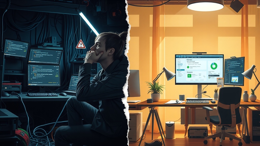 Highly detailed vertical split-screen image showing the internal transformation of a professional working with API tokens for secure automation Left sideDepicts a stressed, frustrated individual in a dim cluttered dark office filled with tangled cables, multiple screens flashing chaotic error messages and expired API token warnings Cold, muted blues, grays and browns dominate harsh side lighting emphasizing tension and exhaustion The person appears overwhelmed slumped shoulders furrowed brow gripping head embodying anxiety and burnout Right sideShows the same person relaxed confident and focused in a bright airy workspace bathed in warm natural sunlight Surrounded by orderly tech gadgets and screens displaying a clean futuristic Make.com dashboard with secure token management UI and green access granted indicators The character smiles gently sitting upright in a calm posture radiating peace stability and empowerment The room features warm golden tones soft greens and pastels with plants and personal items signaling harmony and balance In between the two halves a distinct visible crack or line sharply separates the oppressive chaos from the serene control highlighting the deep inner shift from confusion and danger to mastery and security