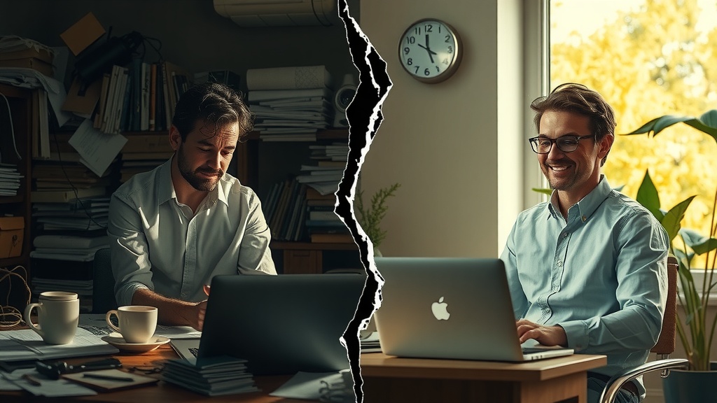 Highly detailed vertical split-screen image showing deep internal transformation of a small business owner in 2024 Left side a stressed and overwhelmed entrepreneur surrounded by chaotic office clutter dirty gray brown and blue tones dim harsh side lighting facial expression of despair frustration and burnout posture tense hunched over laptop with multiple notifications and tangled wires messy desk scattered papers and empty coffee cups oppressive atmosphere Right side the same person calm inspired and joyful in warm golden green pastel colors illuminated by soft natural diffused sunlight relaxed posture smiling gently working efficiently on a sleek laptop showing Make.com interface minimalistic tidy workspace with plants and family photos surrounded by nature visible through a large window expression of peace freedom and energy clear distinct visual boundary between the contrasting halves a sharp color and light divide resembling a crack symbolizing breakthrough and transformation no text symbols or numbers