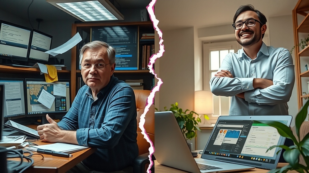 Highly detailed vertical split-screen image showing deep transformation in a small business owner's life Left side before scene with a stressed middle-aged man sitting in a cluttered dark office overwhelmed by multiple screens displaying complicated automation platforms Albato ApiX-Drive and Make com cold dull grey blue and brown tones harsh overhead lighting expressions of despair fatigue frustration papers and cables mess surrounding him conveying anxiety burnout and chaos Right side after scene the same man relaxed and joyful in a bright modern home office with natural warm sunlight golden and pastel colors surrounded by plants and minimalist decor calmly using a single streamlined automation platform on a sleek laptop with a clean Make com dashboard warm smile confident pose illustrating ease control freedom and success clear visual boundary like a bright lightning crack dividing the chaotic and the peaceful environment no text no symbols no numbers