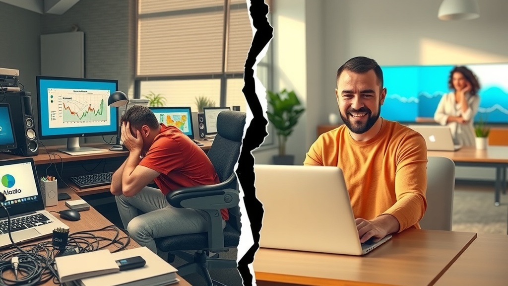 vertical split-screen image vibrant contrast on left side a stressed business owner overwhelmed by complex tech devices messy desk cluttered with tangled cables multiple screens showing confusing apps logos including Albato and ApiX-Drive cold muted gray blue and brown tones harsh side lighting expression of frustration and exhaustion chaotic office environment right side the same business owner serene confident using Make.com on sleek laptop warm golden and pastel colors soft natural diffuse sunlight relaxed smile tidy bright modern workspace with elements symbolizing successful automation like flowing charts and happy family in background clear visual crack dividing two worlds no text realistic detailed facial features and body posture conveying transformation emotional weight to lightness harmonious balance between technology and life no symbols or text in image
